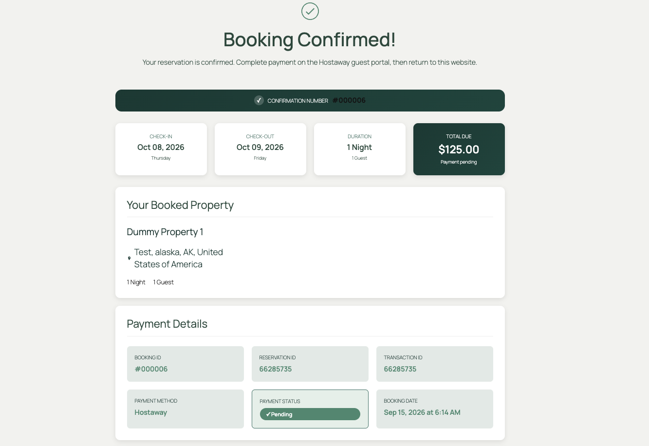 Booking confirmed thank you page