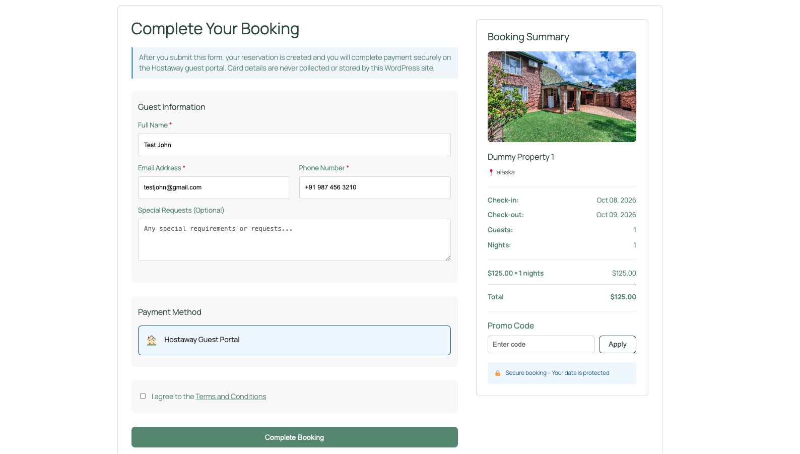 Checkout form with guest information and booking summary