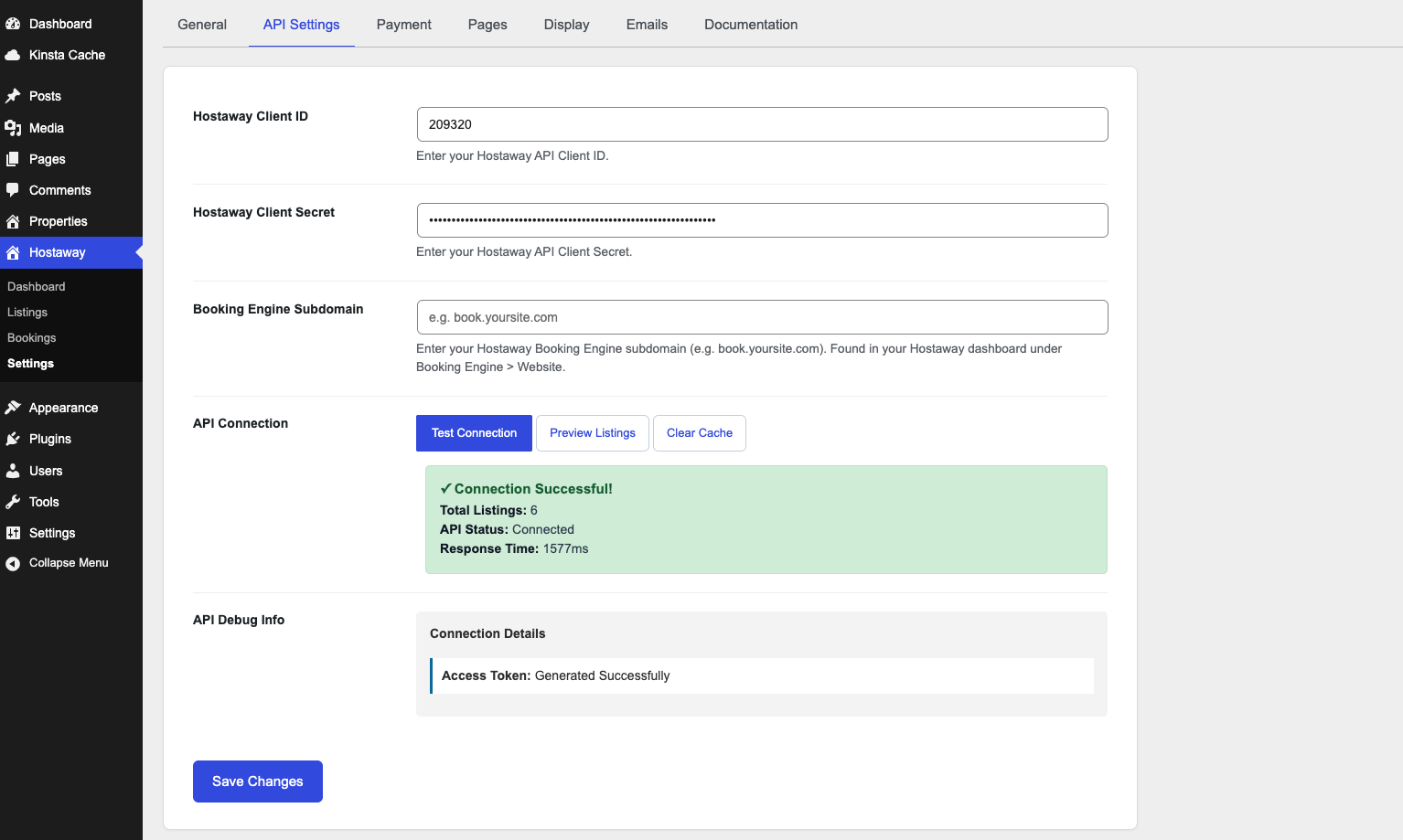 API Settings with a successful connection test