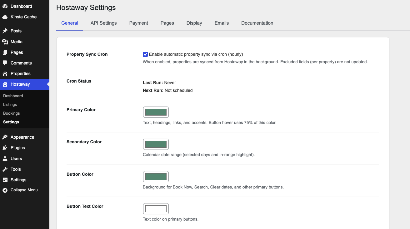 WordPress admin with Hostaway menu open