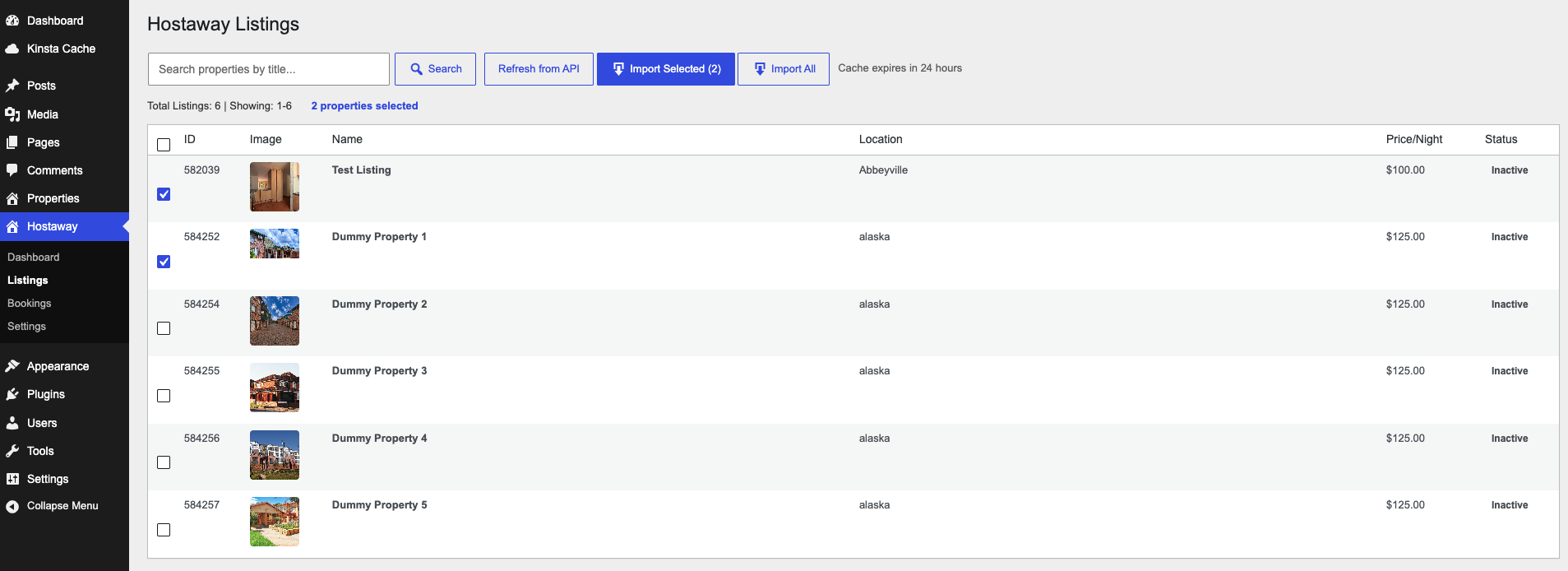 Hostaway Listings screen with properties selected for import
