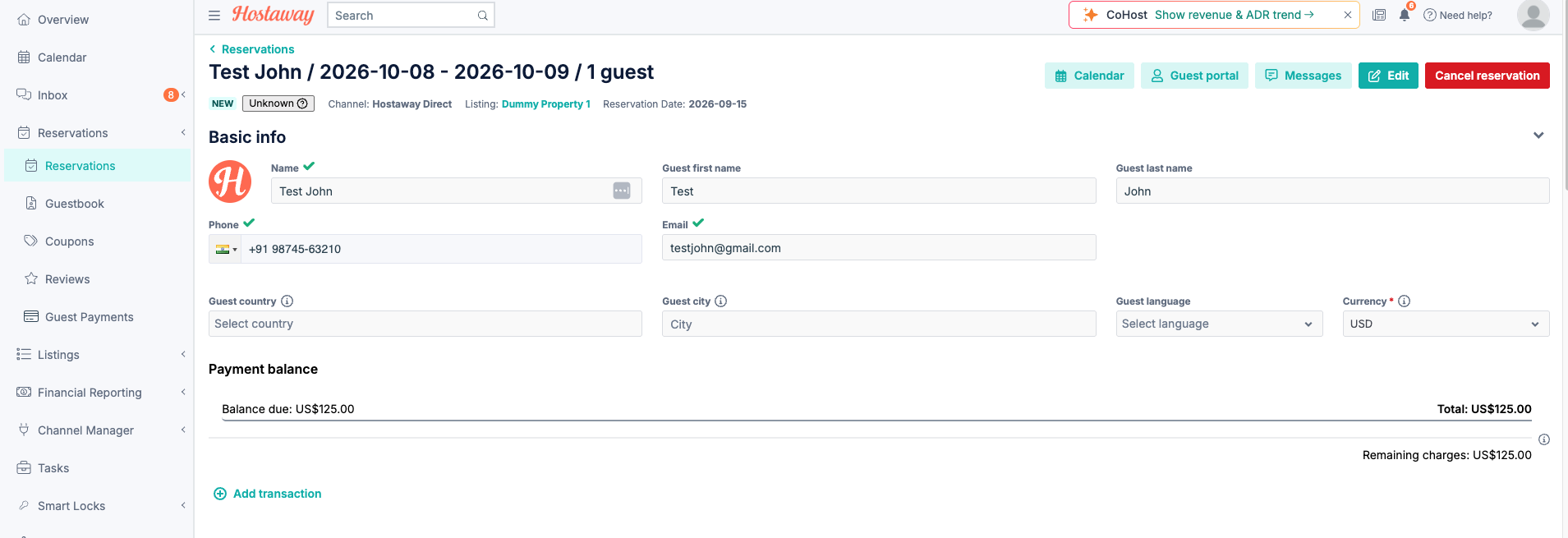 The same reservation inside Hostaway