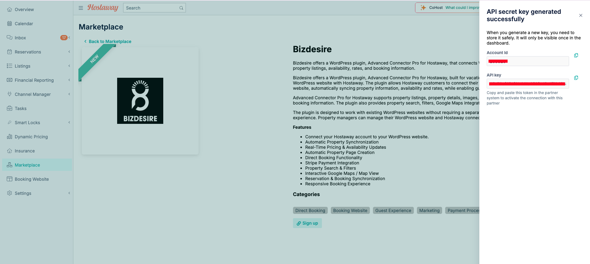 Hostaway panel showing Account ID and API key after create