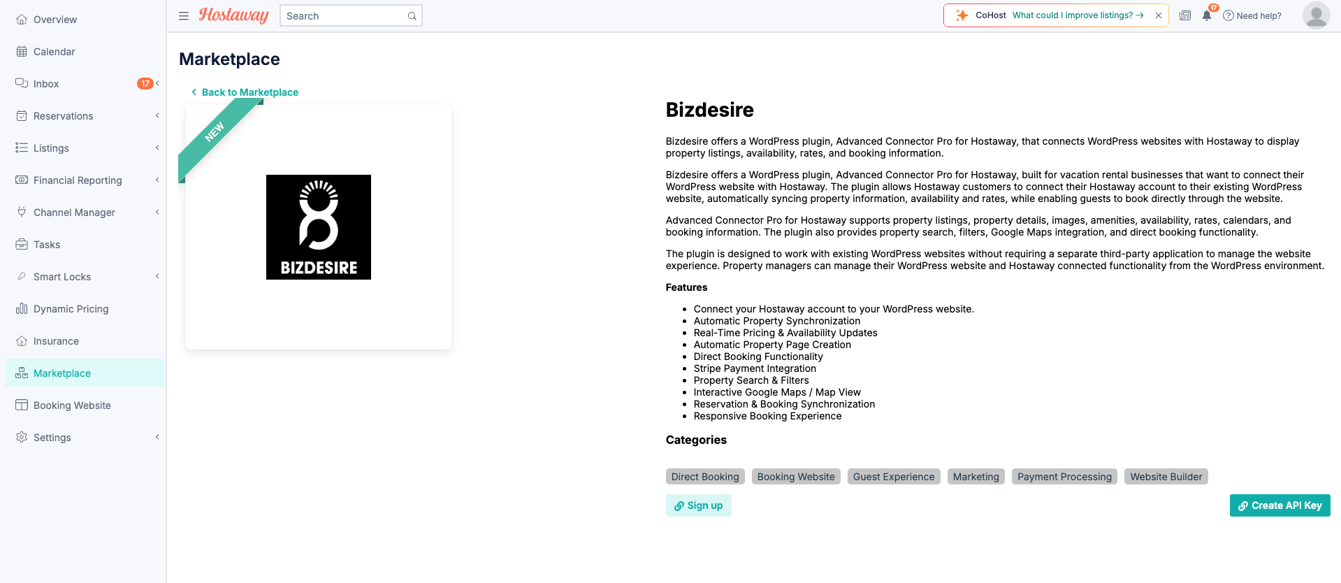 Hostaway Marketplace Bizdesire page with Create API Key