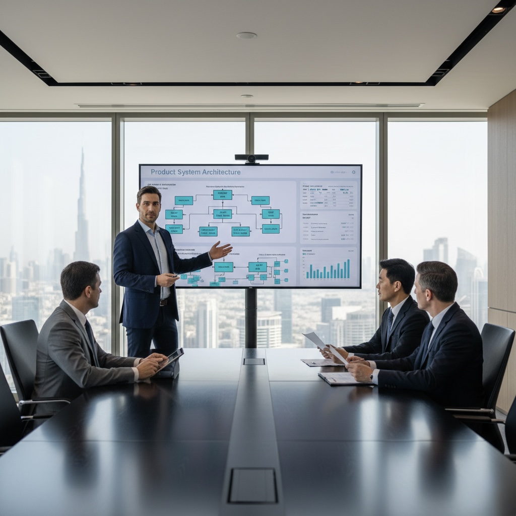 Startup founder presenting scalable product architecture to investors in Dubai
