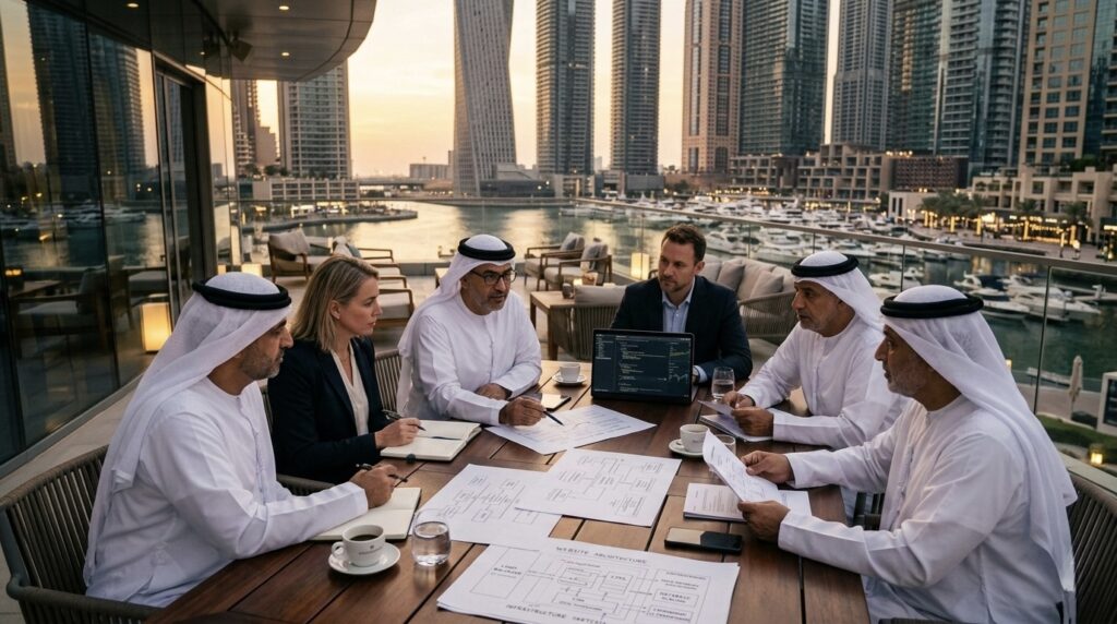 Emirati technology leaders discussing scalable WordPress Bedrock architecture overlooking Dubai Marina