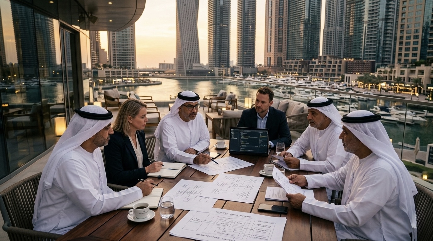 Emirati technology leaders discussing scalable WordPress Bedrock architecture overlooking Dubai Marina