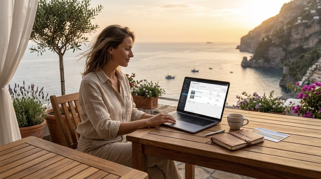 Property owner managing direct booking website on WordPress with scenic vacation rental view