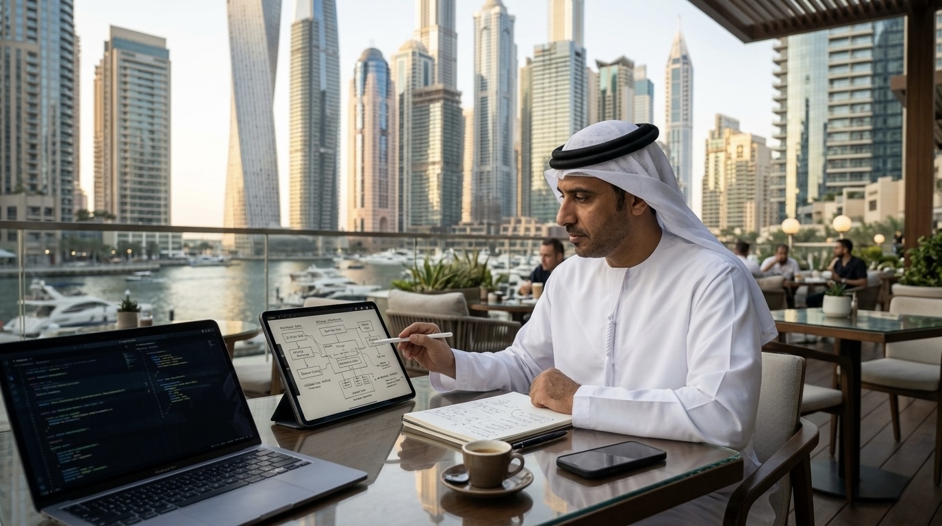 Emirati technology leader reviewing software architecture for offshore development at a Dubai Marina café.
