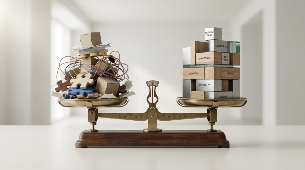 Conceptual comparison of traditional WordPress vs Bedrock using a balanced scale showing structured vs unstructured website architecture