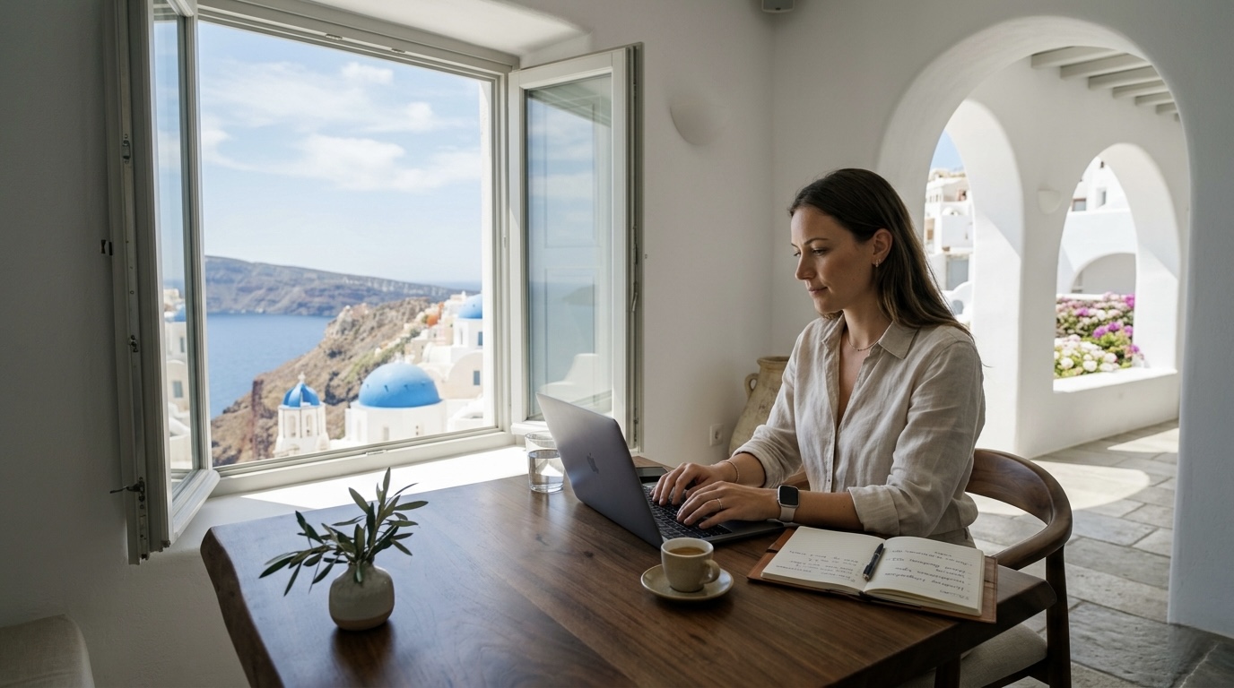 Property manager working on a laptop inside a luxury white villa in Santorini with sea view, managing vacation rental bookings and Hostaway WordPress integration