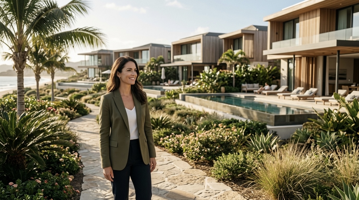 Property manager standing confidently in front of a portfolio of luxury vacation rental properties managed with Hostaway and WordPress.