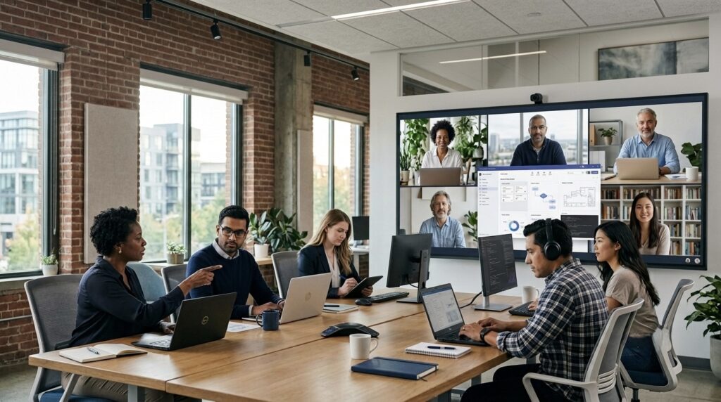 Remote technology team collaborating with business professionals through digital tools and video conferencing.