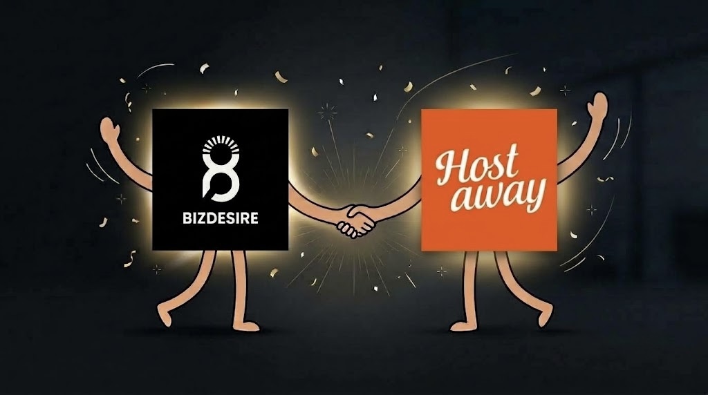 Bizdesire and Hostaway logos shaking hands to celebrate their new partnership.